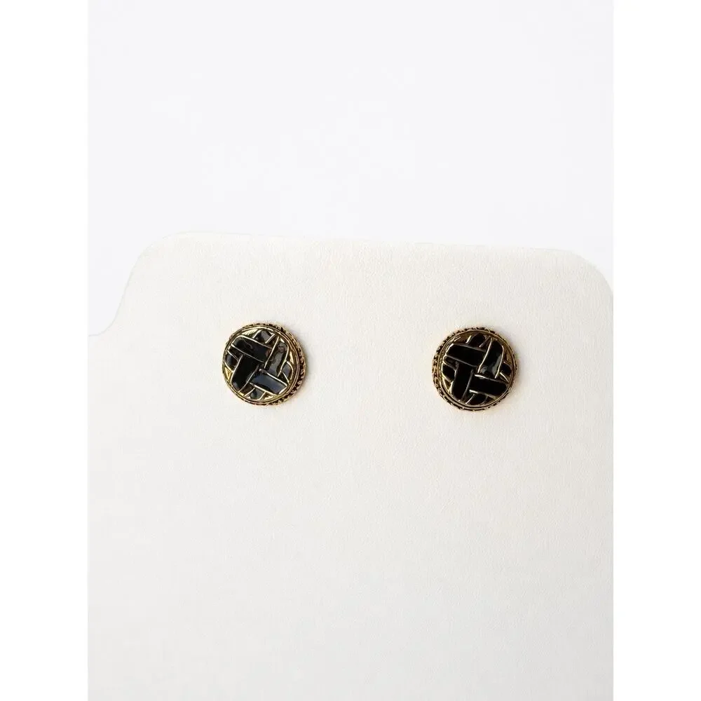 Gold Tone Black Enamel Basketweave Round Stud Earrings Vintage